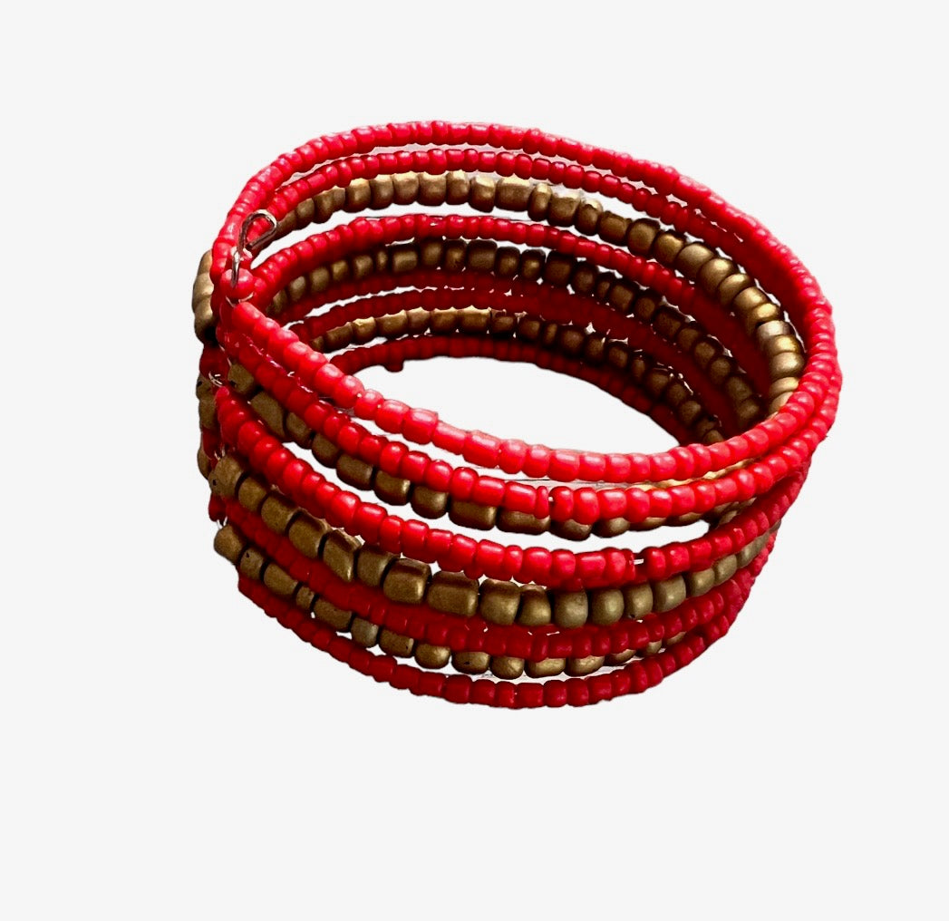 Red and Gold Beaded Cuff Bracelet