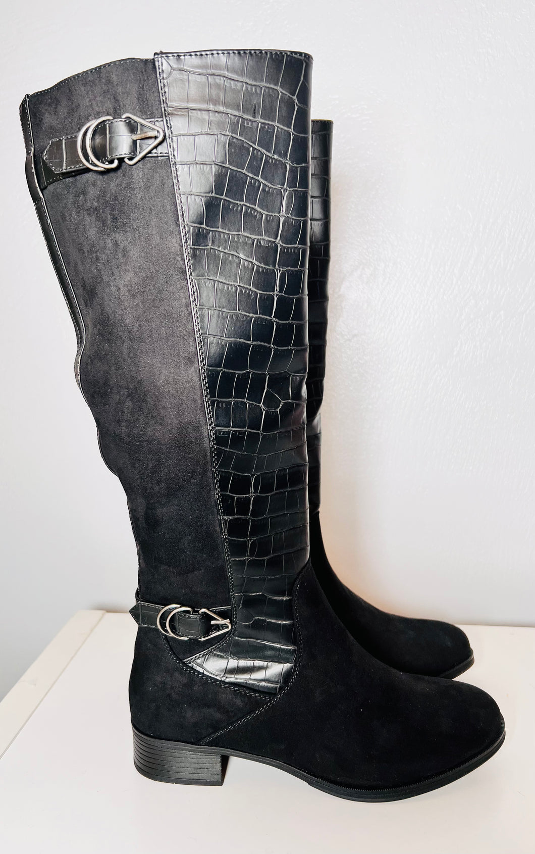 Knee Faux Suede Boots with Silver Hardware