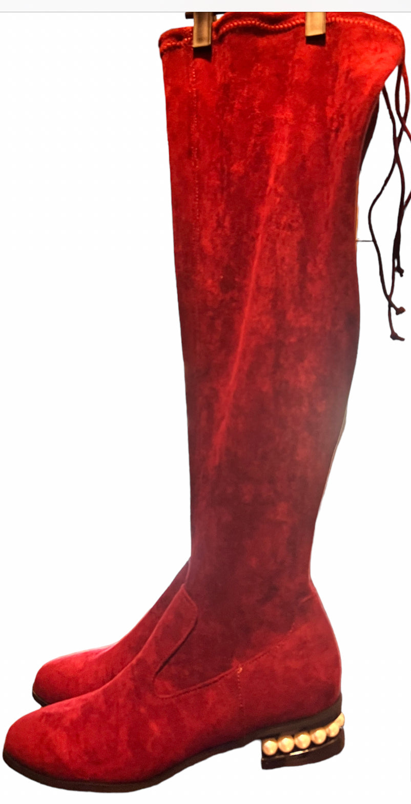 Thigh High Velvet Boots with Pearl Detail in Heal